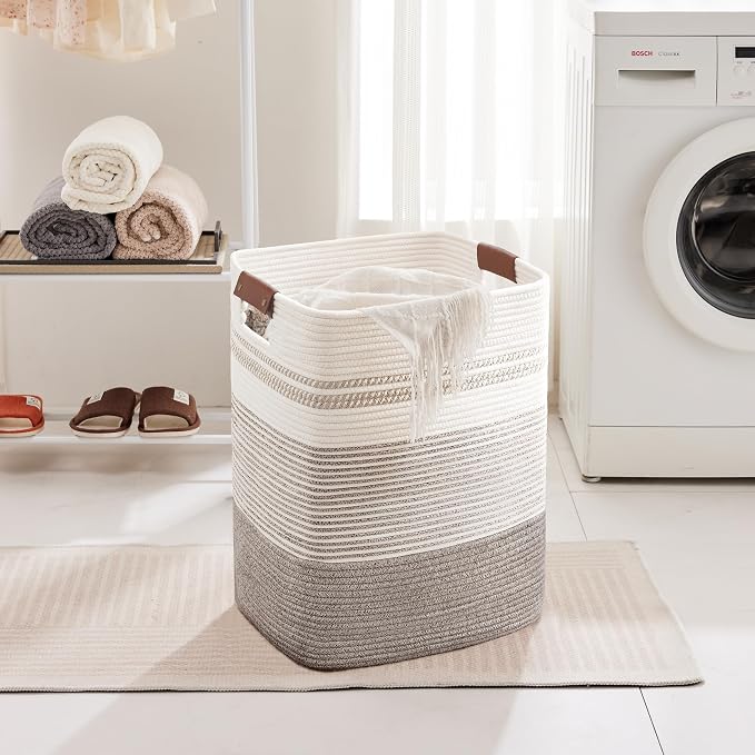 85L Tall Laundry Hamper with Handles for Living Room Storage, Extra Large Woven Rope Baskets Bin for Blanket, Kids Toy, Gifts, Wicker Hamper for Bedroom Dirty Clothes, 17"x14"x22" Dark Brown