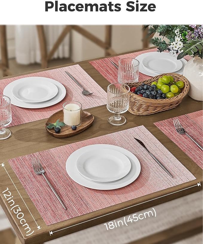 Leetaltree Gradient Pink Woven Placemats Set of 6 - Heat Resistant Non-Slip Place mats for Dining Table, Washable Durable PVC Vinyl Woven Table Mats(Gradient Pink, 6)