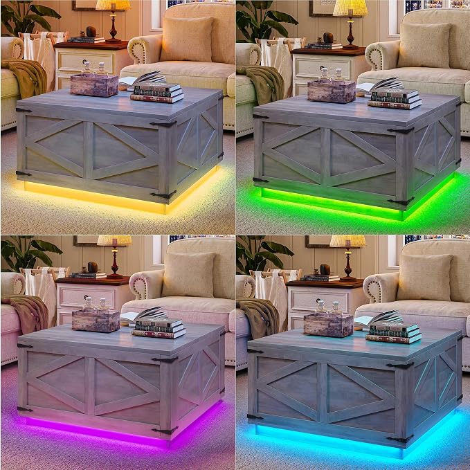Jocoevol Farmhouse Lift Top Coffee Table, Square Wood Center Table with LED Lighting, USB-C Charging Station, and Hidden Storage Compartment - Rustic Grey Living Room Furniture