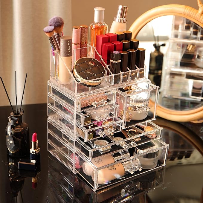 Cq acrylic 3 Pack Clear Makeup Organizer Countertop, Stackable 6 Drawers Skincare Organizer,Cute Skin Care Organizer for Vanity Hair Clip,Jewelry,Beauty Product Desk and Make Up Organizers for Vanity