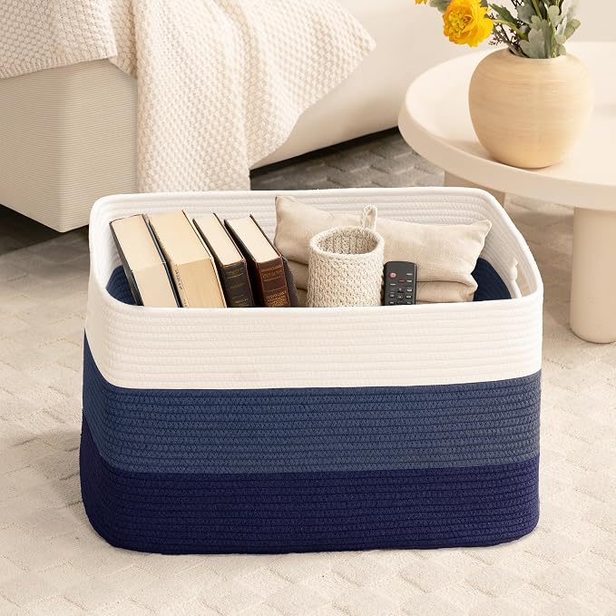 60L Laundry Basket with Leather Handles for Living Room Storage, Woven Rope Baskets Bin for Blanket, Kids Toy, Gifts, Wicker Hamper for Bedroom Dirty Clothes,Gradient Blue