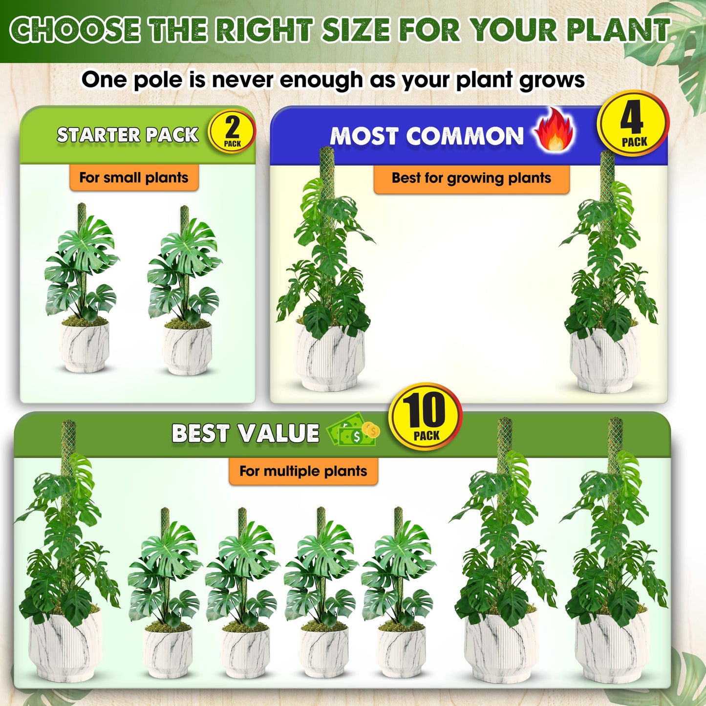 DUSPRO 4 Pack 22" Black Stackable Mesh Moss Pole for Plants – Extendable Up to 71", Natural Forest Moss Pole Monstera Plant Support, Moss Stick for Climbing Plants, Indoor Plant Stakes Accessories