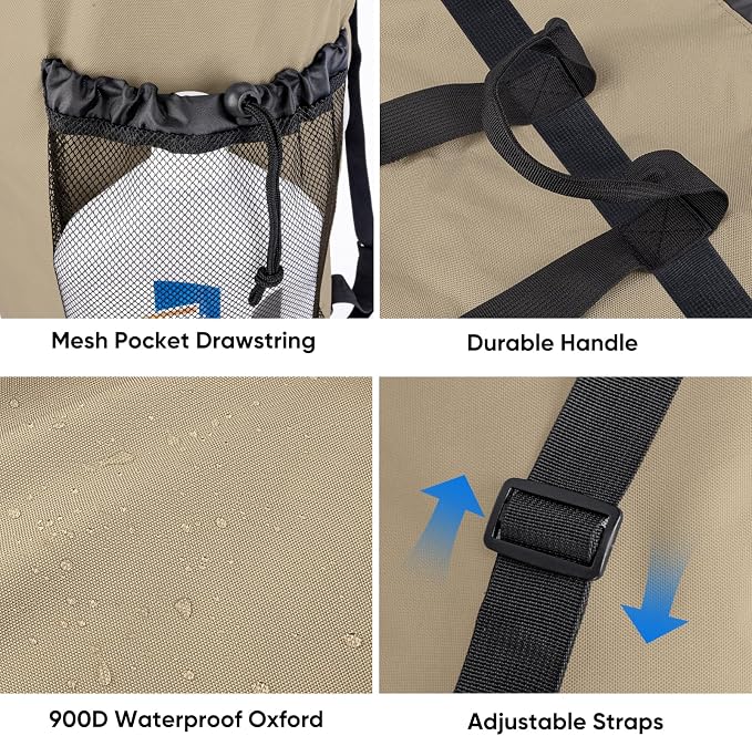 BALEINE 150L Laundry Bag Backpack, 900D Oxford Fabric Large Travel Laundry Bags with Shoulder Straps and 2 Mesh Pockets for College Dorm, Apartment, Laundromat (Khaki, 150L)