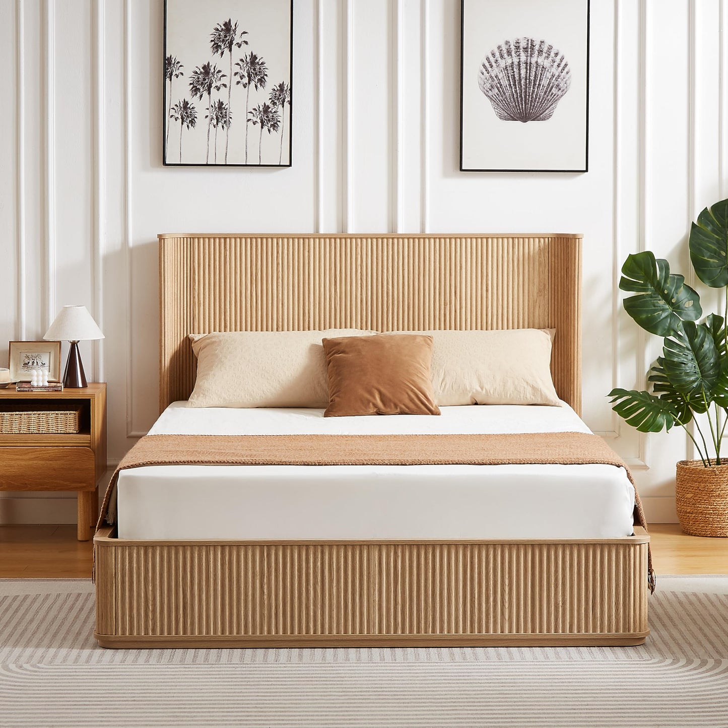 KEIKI Queen Bed Frame with 44" Tall Fluted Headboard, Natural Oak Platform Bed Frame, Modern Wood Bed Frame with Solid Slats, No Box Spring Needed, Noise-Free, Easy Assembly