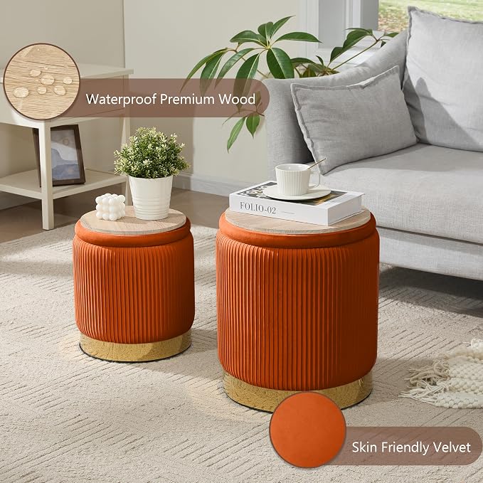 Royal Windsor Round Ottoman with Storage Set of 2, Vanity Stool with Storage for Bedroom, Ottoman Coffee Table Gold-Tone Ring Around the Base, Small Velvet Foot Stool for Living Room, Orange