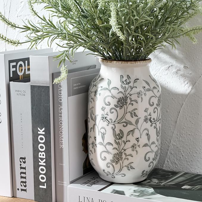 SIDUCAL Ceramic Vintage Vase, 8.78 Inch Chinoiserie Floral Vase, Retro Ice Cracked Rustic Farmhouse Vases for Home Decor, Living Room, Bookshelf, Office, Tuscan Decor, Gray Floral Pattern