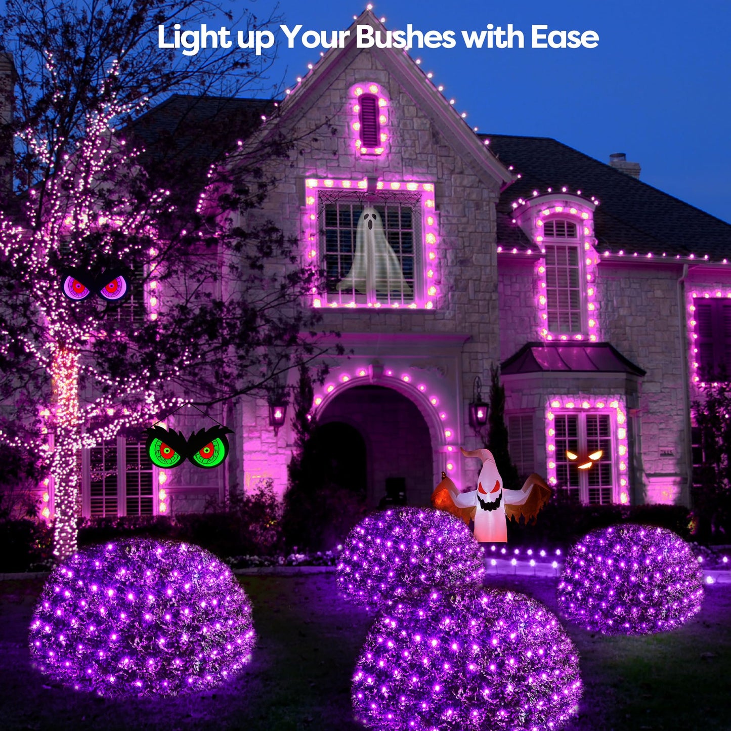 WBao Halloween Lights Outdoor 200LED F8 Big Bulbs, 8.4ft x 5.2ft Halloween Net Lights with 8 Modes, Timer, Connectable, Waterproof & Dark Green Wire for Lawn, Bushes, Trees Outdoor Decorations, Purple