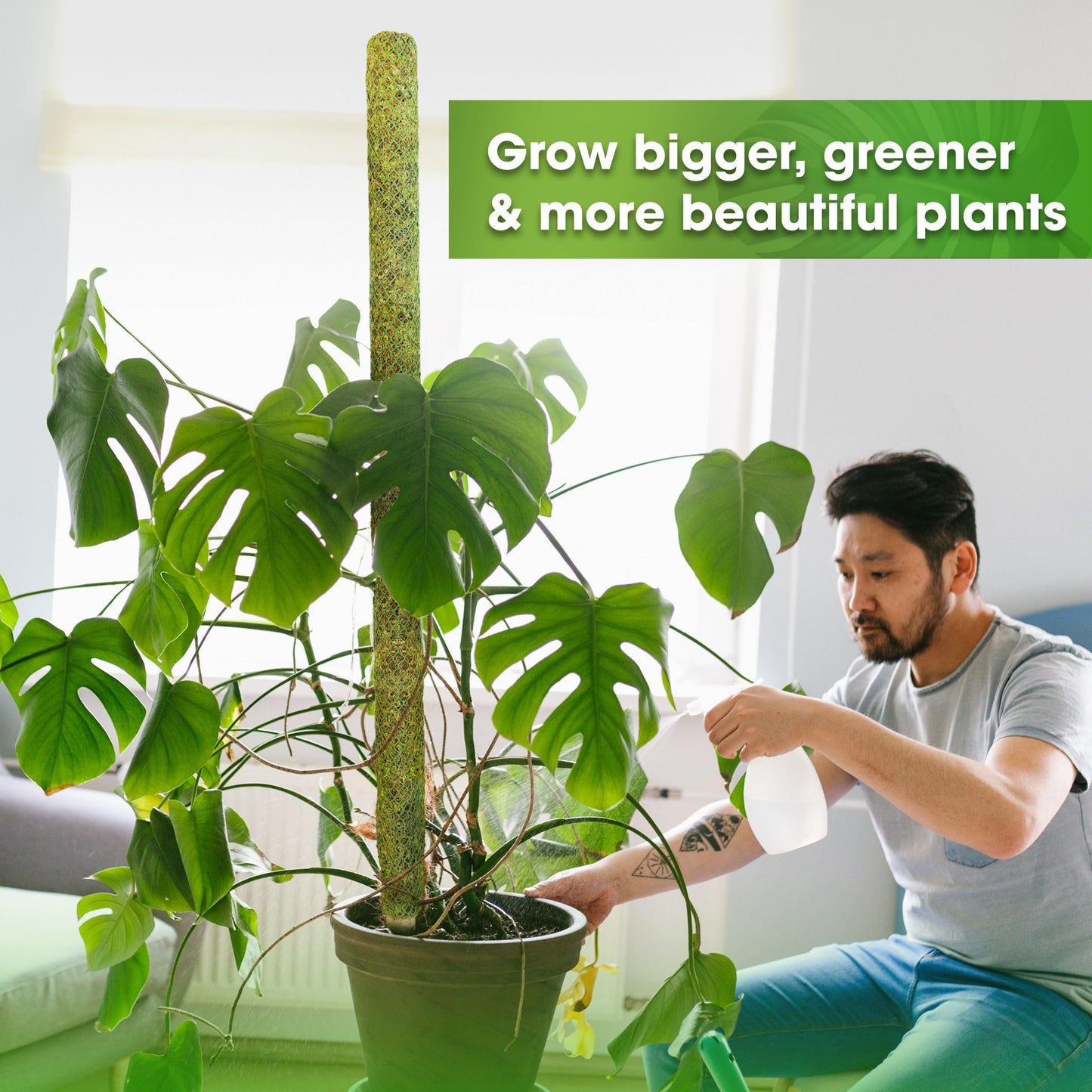 DUSPRO 59’’ Large Green Mesh Moss Pole Monstera Plant Support, Tall Plant Stakes, Moss Pole for Plants Monstera, Garden Pole, Moisture Stick for Plants (1pc., 59''), Natural