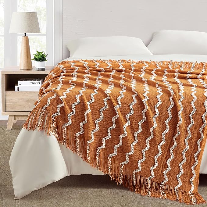 BOURINA Fluffy Chenille Knitted Fringe Throw Blanket Lightweight Soft Cozy for Bed Sofa Chair Throw Blankets, Orange 50" x 60"