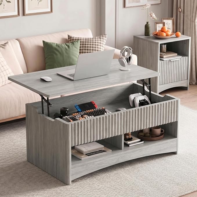 Marsail Lift-Top Coffee Table, Fluted Center Table with Hidden Compartments, Smooth Lifting & Space-Saving Design, Versatile Wood Coffee Table for Living Room and Office, Grey