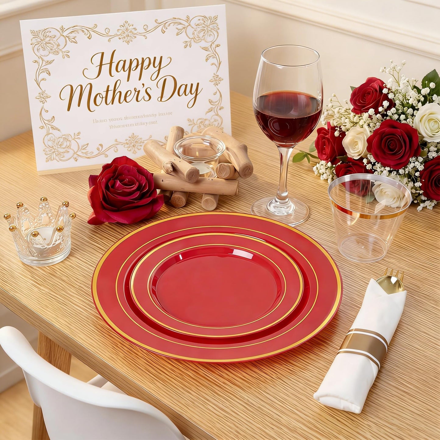 WDF Partyware 350Pieces Red Plastic Plates with Gold Rim Include 50Dinner Plate 10inch 50Dessert Plate 7inch 50 gold Cups 9 OZ, 50 Pre Rolled Napkins for Party/Baby Shower/Wedding/Spring/Mother's Day