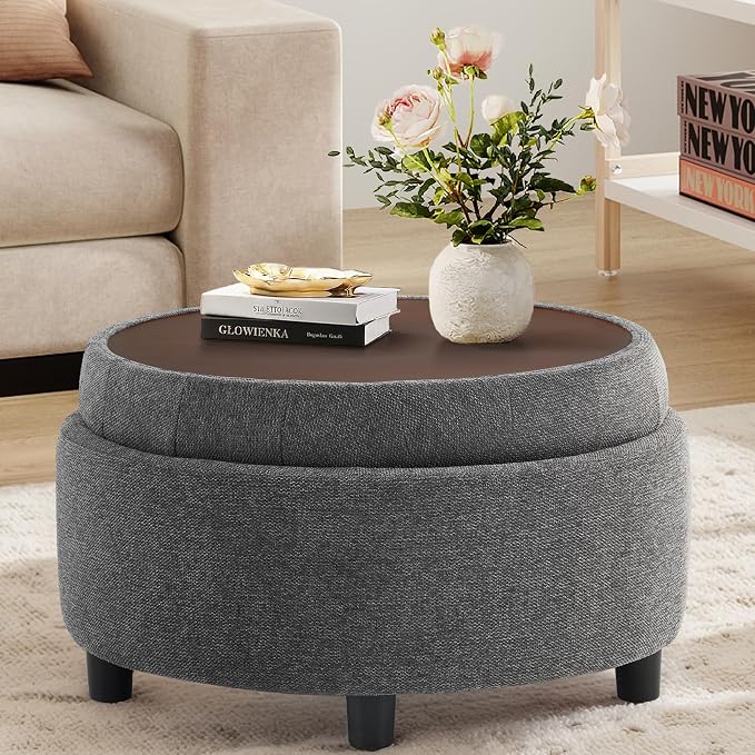 COLAMY Fabric Round Storage Ottoman with Reversible Tray Lid – Multi-Functional Footrest, Hidden Storage, Sturdy & Stylish Small Coffee Table for Living Room, Bedroom, or Entryway(Dark Grey)