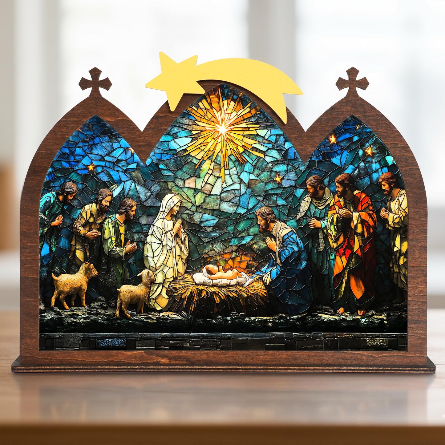 DINIZON Wooden Nativity Set, Wood Christmas Nativity Scene Set, Miniature Holy Family Figurines, Table Top Boho Christmas Jesus Decorations for Indoor Mantel Display, Miracle In A Manger Gift (Candle Holder)