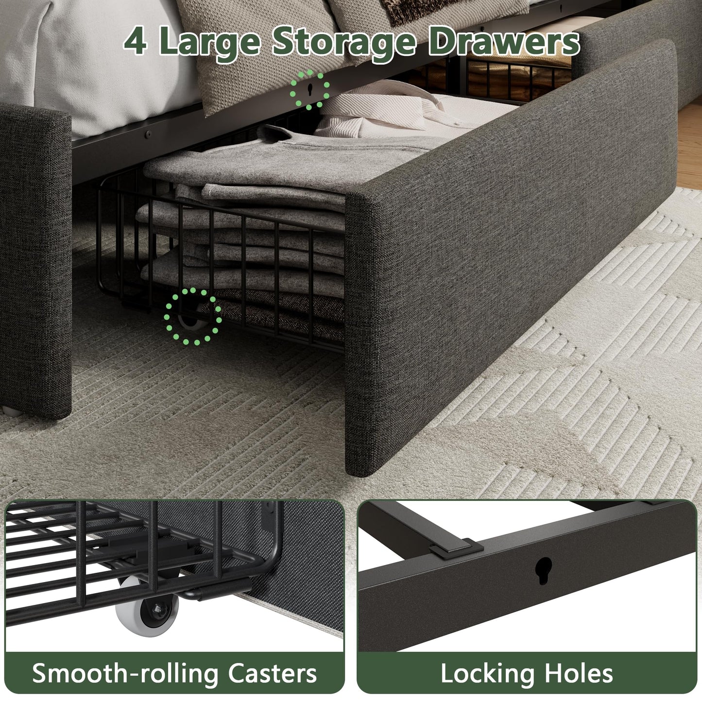 Forestell Queen Bed Frame with 4 Drawers and Storage Headboard, Grey Upholstered Platform Bed Frame Queen Size with Charging Station and LED Lights, Metal Slats Support, No Box Spring Needed