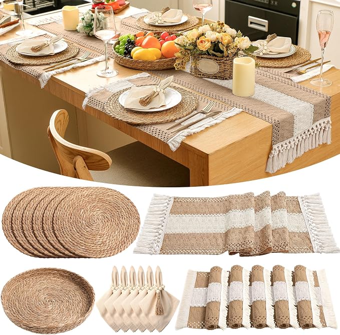 6 Sets Boho Decoration Placemats Round Woven Placemats, Cloth Napkins, Wood Bead Napkin Rings, Long Table Runner and Farmhouse Burlap Cotton for Table Kitchen (Neutral,12x72)