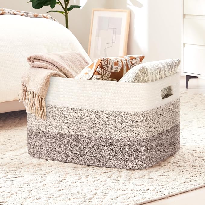 72L Large Laundry Basket with Leather Handles for Living Room Storage, Woven Rope Baskets Bin for Blanket, Kids Toy, Gifts, Wicker Hamper for Bedroom Dirty Clothes, 22"x17"x12" Gradient Brown