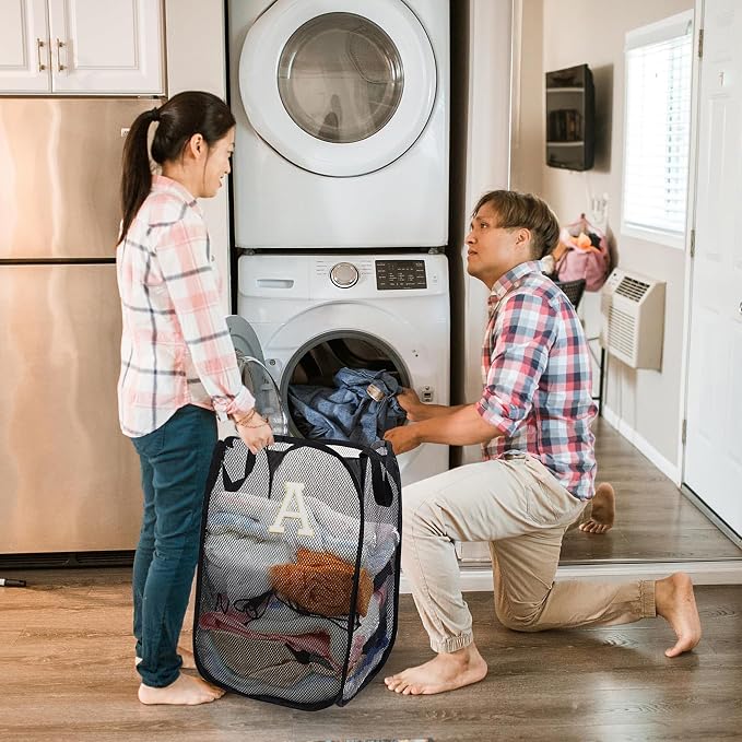 Collapsible Pop Up Laundry Hamper, Extra Large with Removable Initial Letter A, Mesh Foldable Laundry Basket, 28" x 16" x 16" (Black)