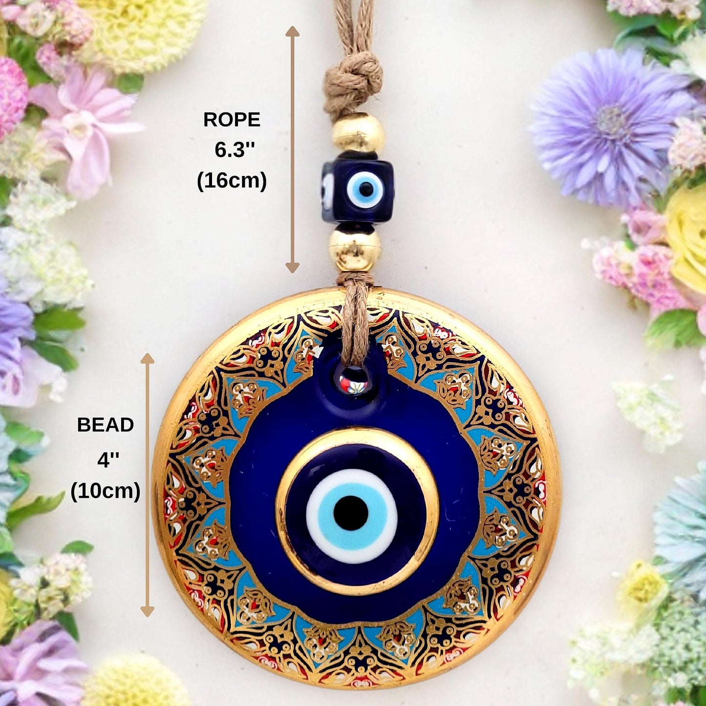 Candymosa 4.3" Glass Blue Evil Eye Wall Hanging Floral Design Gold Ornament - Home Protection Charm - Evil Eye Wall Decor - Turkish Nazar Amulet