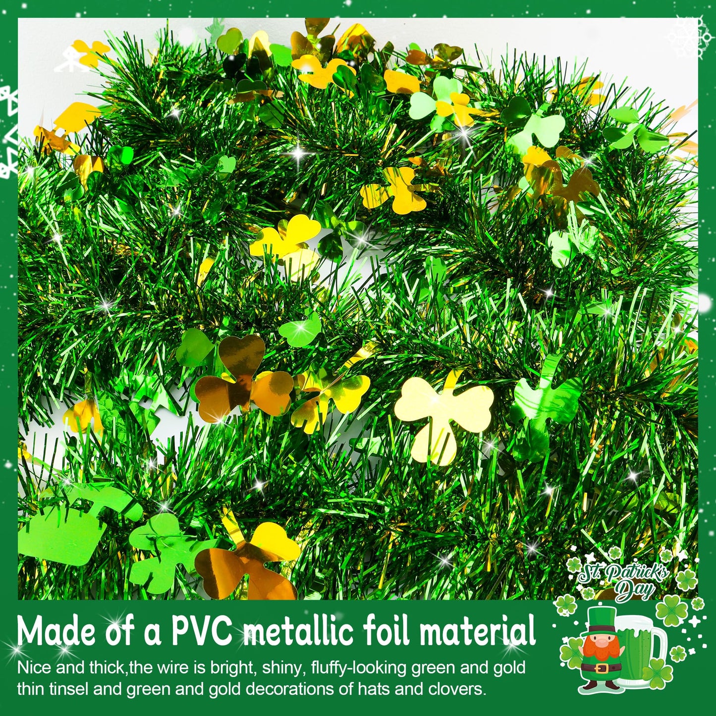 33FT St Patricks Day Decorations Gold Green Shamrock Hat Tinsel Garland, Shiny Metallic Hanging Shamrock Garland Streamer Saint Patricks Day Decor for St Patrick's Day Home Indoor Outdoor Irish Party