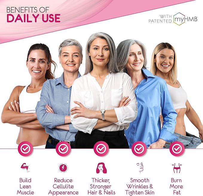 HMB Supplements for Women - Collagen Enhancer Capsules - Anti-Aging for 40 + Lean Muscle Builder - Biotin, Vitamin D3 K2 Supplement for Youthful Skin - 60 Servings