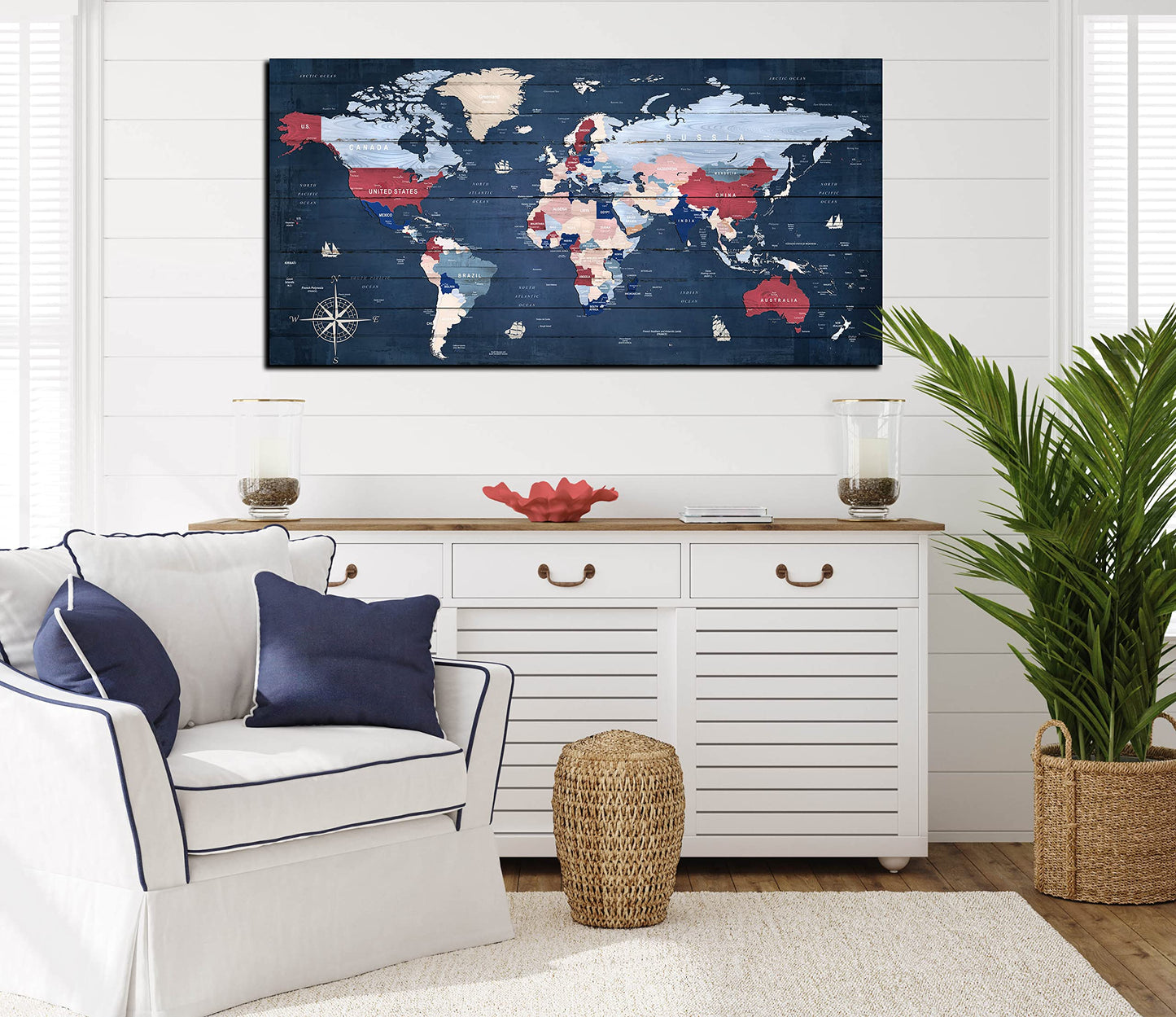 ZHAOSHOP Blue World Map Wall-Art For Office - Large World Maps For Wall - Canvas Wall Art Stretched and Framed Ready to Hang Size 40" x 20"