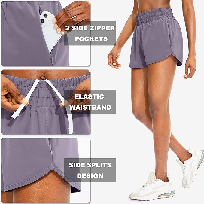 SANTINY Women's Running Shorts with Zip Pockets High Waisted Athletic Workout Gym Shorts for Women with Liner