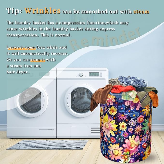 Abstract Hippie Flower Laundry Basket Watercolor Floral Laundry Hamper Foldable Oxford Cloth Colorful Tote Bag Clothes Toy Storage Bucket For Bathroom/Laundry Storage/Bedroom 18.9 x 16.5 Inch