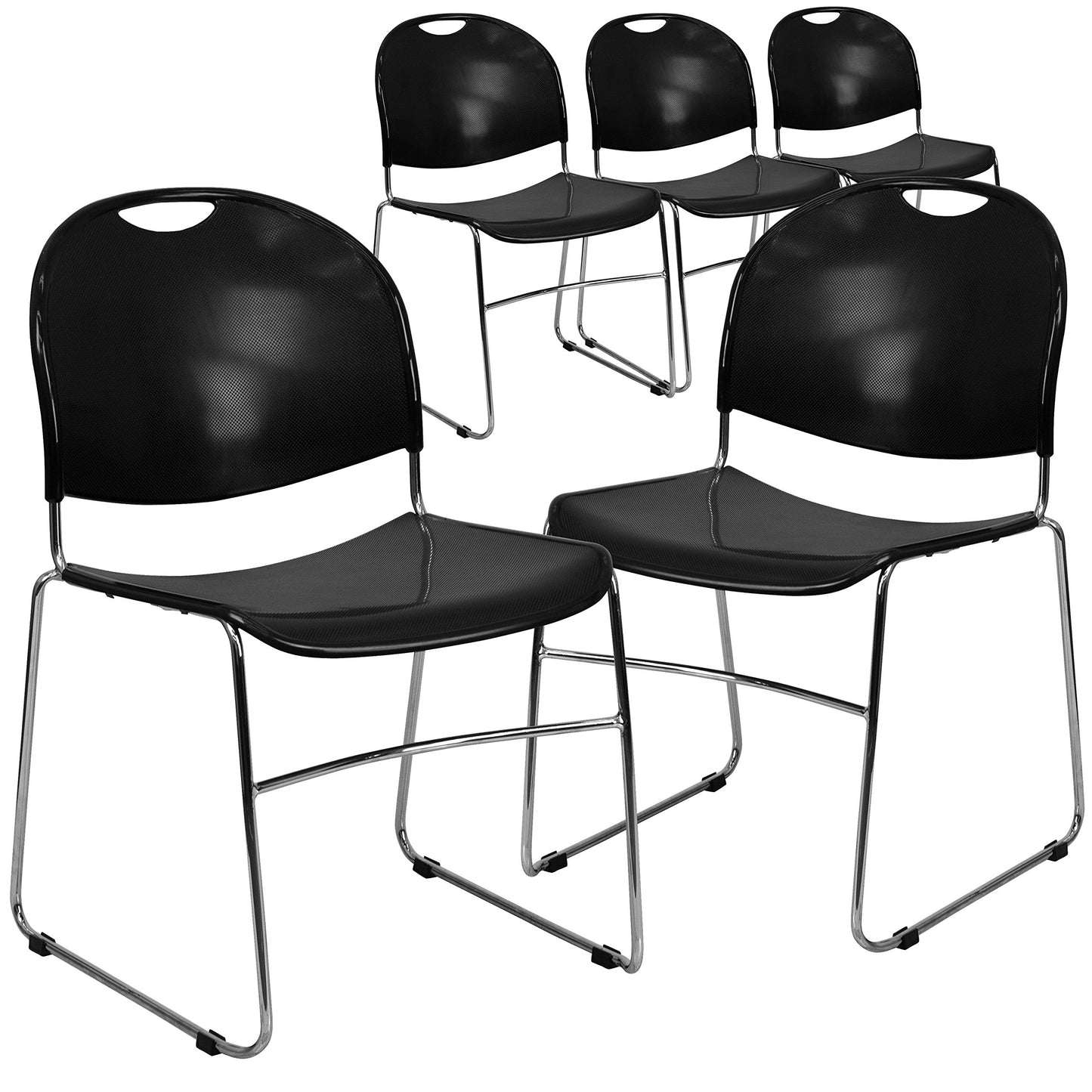 Flash Furniture 5 Pack HERCULES Series 880 lb. Capacity Black Ultra-Compact Stack Chair with Chrome Frame