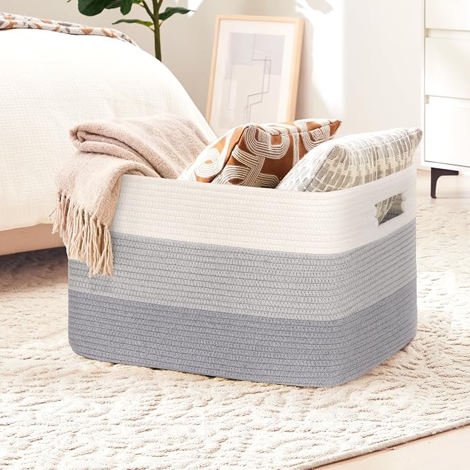 86L Extra Large Laundry Basket with Leather Handles for Living Room Storage, Woven Rope Baskets for Blanket, Kids Toy, Gifts, Wicker Hamper for Bedroom Dirty Clothes, 24"x16"x14" Gradient Grey