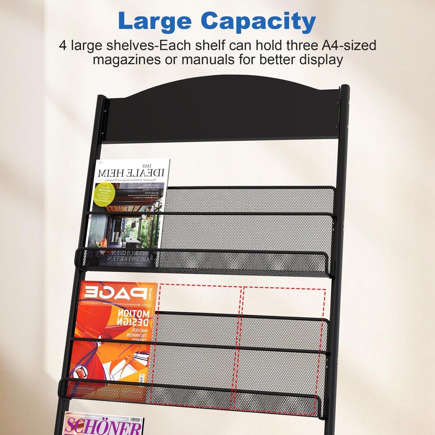 Qriocioa Brochure Display Stand 4 Layer Floor-Standing Magazine Rack Literature Newspaper Catalog Display Holder with Wheels and Top Billboard for Exhibitions,School, Hotel, Hospitals, Offices (Black)
