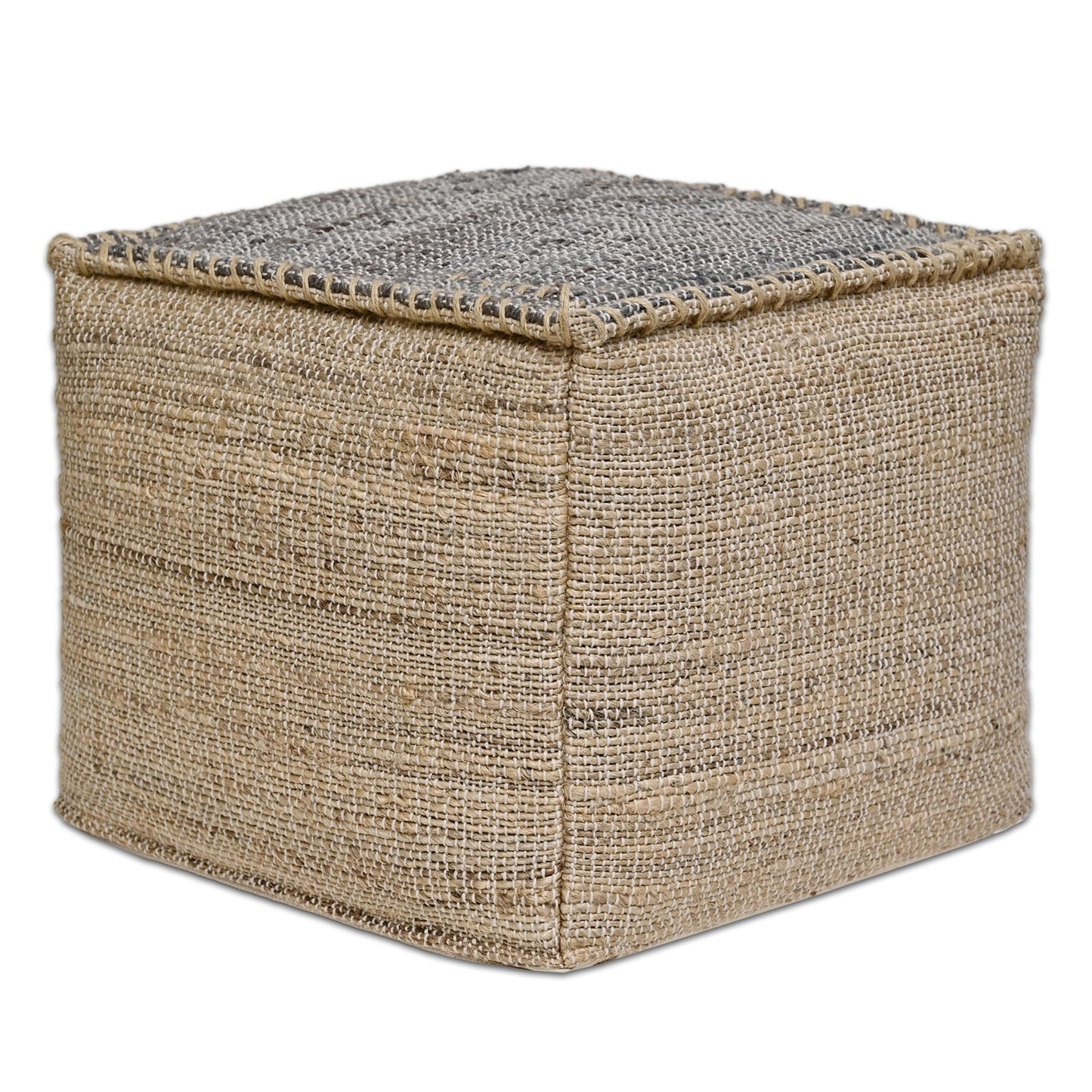 Ash Grey Jute Pouf Ottoman 18x18x14 Inch Handmade Braided Natural Jute & Cotton Floor Pouf, Boho Footstool for Living Room, Bedroom, Extra Seating & Décor