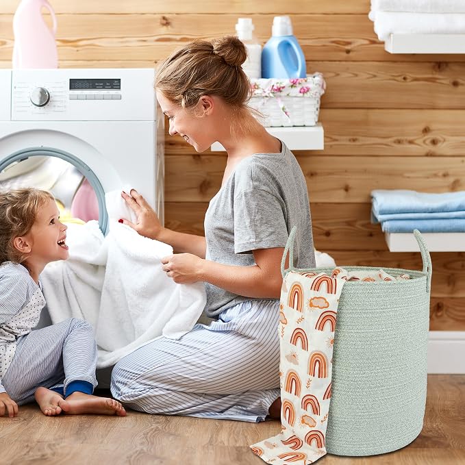 XUANGUO Cotton Rope Laundry Basket Hamper for Clothes Woven Storage Basket for Living Room Bedroom Boho Tall Rope Baskets for Blanket Toys Pillow Towels Baby Nursery Hamper Bin green