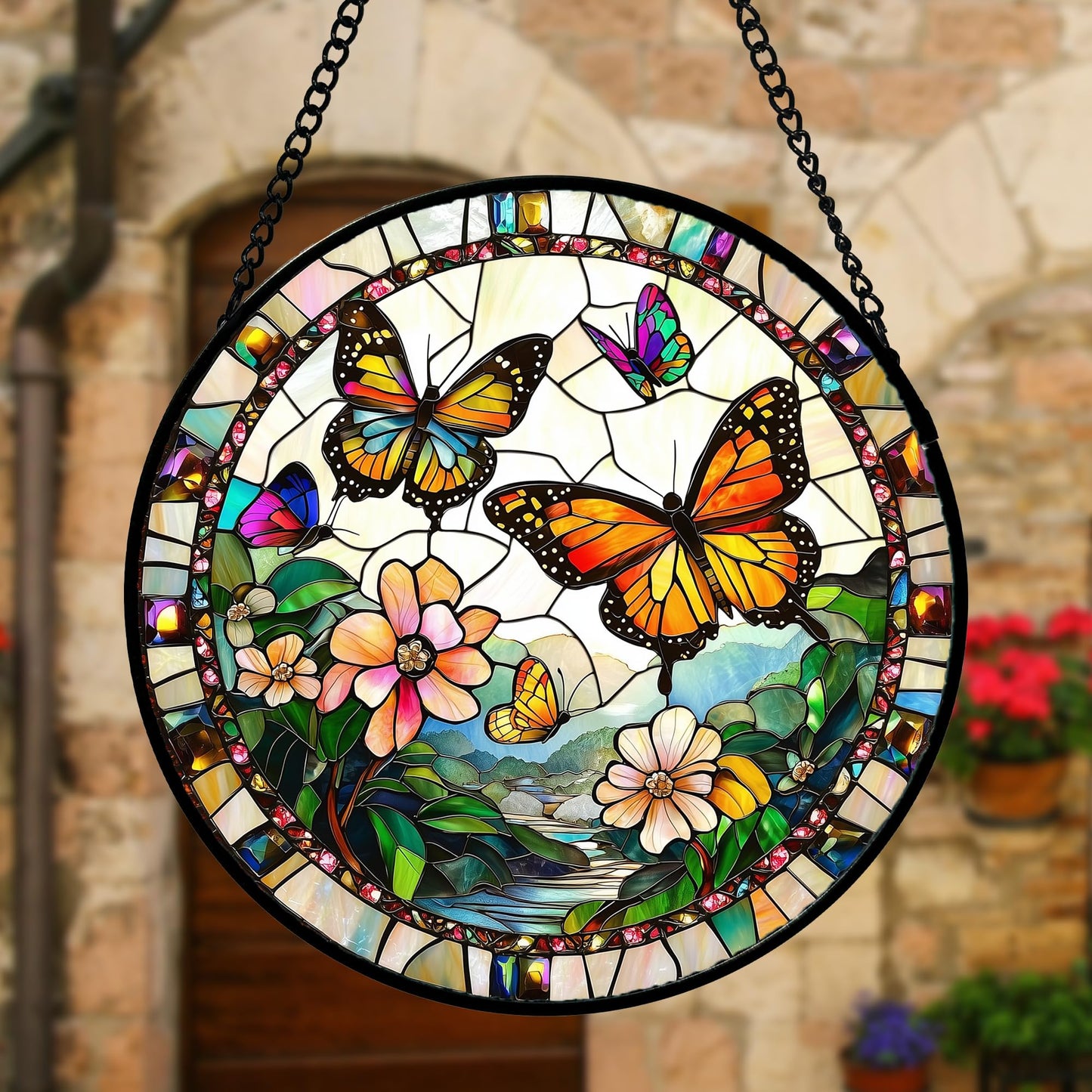 DASTOLL Stained Glass Window Hanging, Butterflies Flying in the Sky Suncatcher for Doors Home Sun Catchers Decoration and Christmas, Mother's Day Birthday Gifts for Women, Men, and Mom 6.3 in