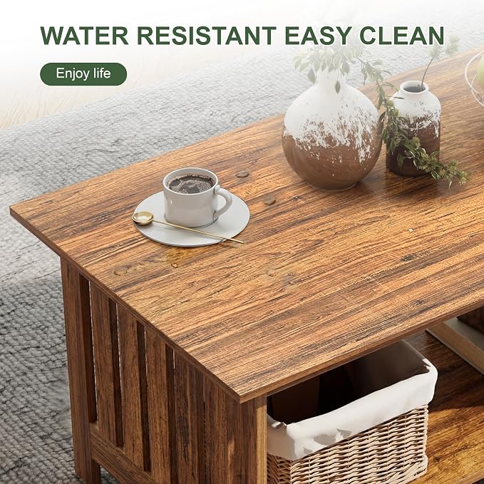 YOSHOOT 39.4" Farmhouse Coffee Table, Small Coffee Tables for Living Room | Rerto Wood, 2 Tier Coffee Table with Storage, Tea Table for Living Room Bedroom Small Space