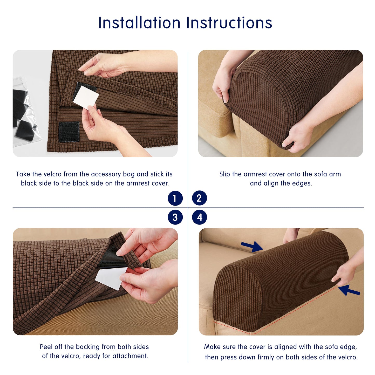 SUBRTEX Stretch Couch Arm Covers Set of 2, Checkered Sofa Arm Slipcovers, Anti-Slip Armrest Covers for Recliner and Armchairs, Pet Proof, High Stretchy, Hook & Loop Tape, Chocolate