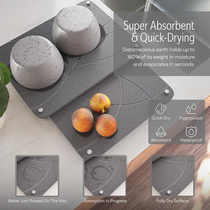 Nested Dish Drying Stone Mat with Bamboo Rack | 2 Pcs Diatomaceous Earth Stone Drying Mats for Kitchen Counter with Non-Slip Feet | Collapsible Large Drying Stone for Dishes (Dark Gray)