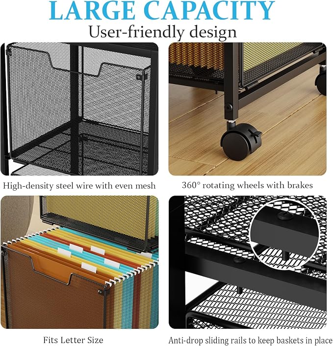 Sbanmao Rolling File Cart with 2 Storage Drawers, Mobile File Cabinet with Wheels, Hanging File Folder Organizer, Under Desk Storage, Printer Stand Utility Cart Filing Cabinet for Home Office,Black