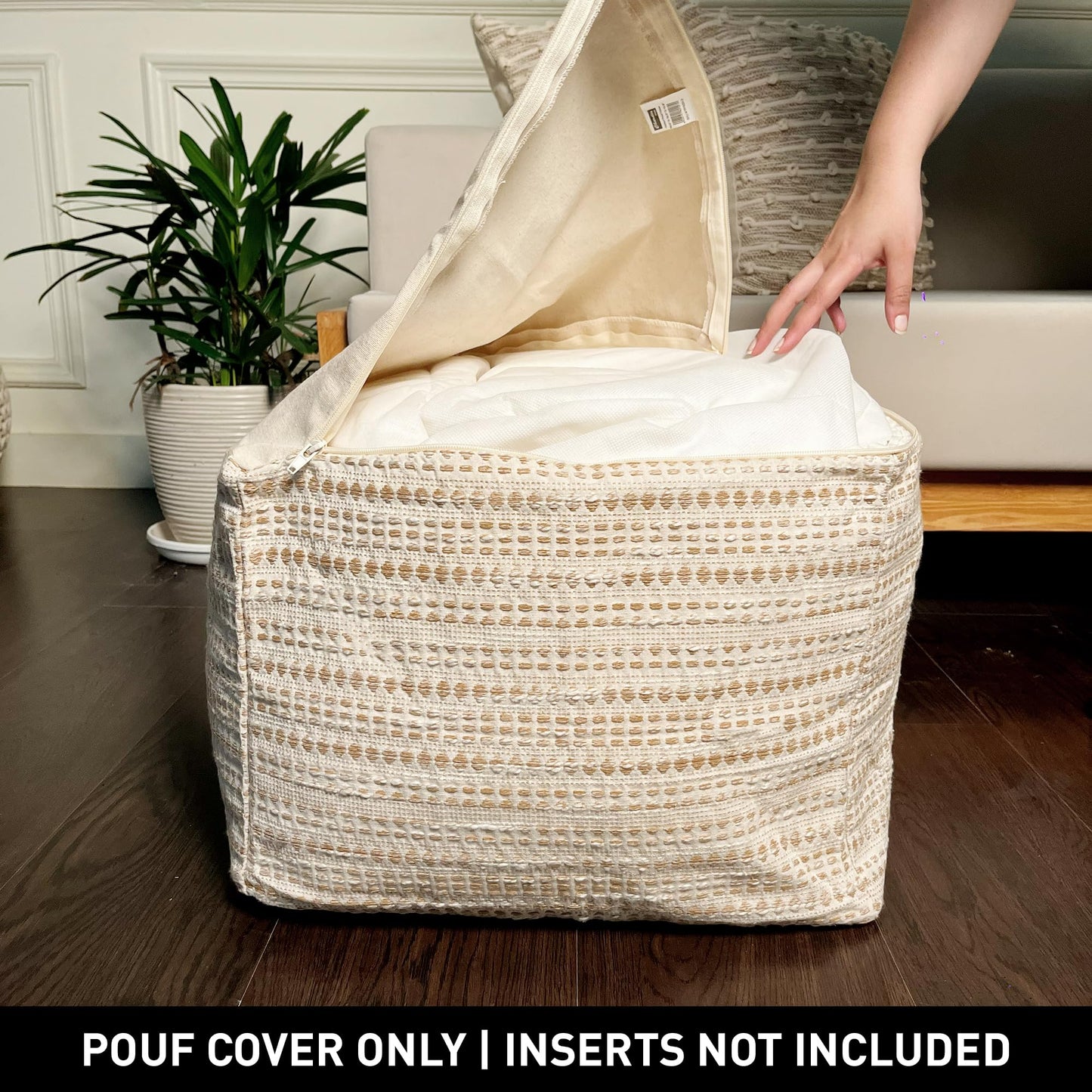 Chardin home Unstuffed Ottoman, Cozy & Bohemian Pouf Covers, Hand Crafted Casual Seating, Footrest, Square Floor Pillow for Home, Office, Bedroom, Living Room, 16.5" x 16.5"x 12.9", Beige-Off White