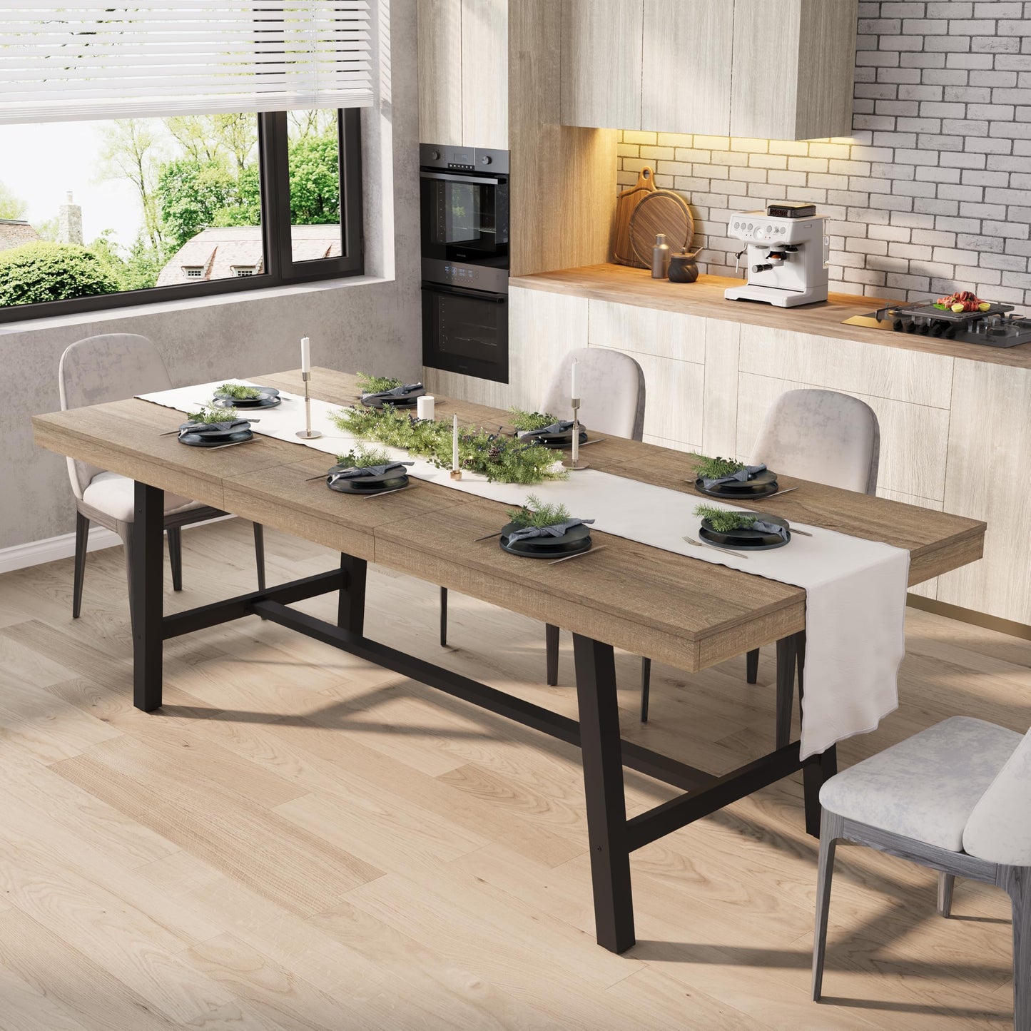 GarveeHome 63-83" Extendable Dining Table, Industrial Rectangular Dining Room Table for 6-8 People, Expandable Kitchen Table with Heavy Duty Metal Frame for Dining Room, Kitchen & Parties, Rustic Pear