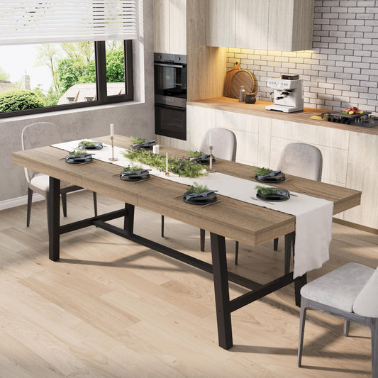 GarveeHome 63-83" Extendable Dining Table, Industrial Rectangular Dining Room Table for 6-8 People, Expandable Kitchen Table with Heavy Duty Metal Frame for Dining Room, Kitchen & Parties, Rustic Pear