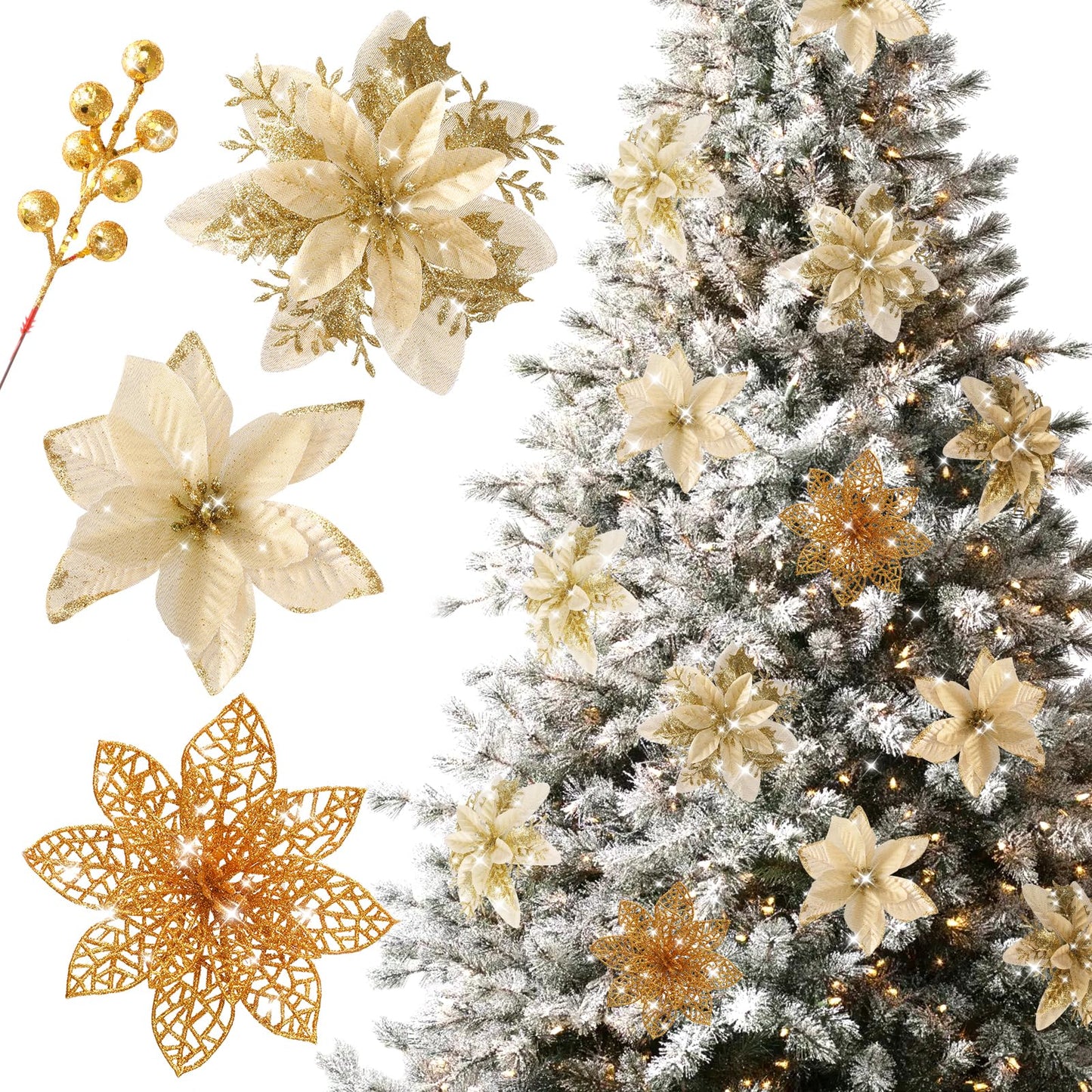 Floweroyal 30pcs Poinsettia Artificial Christmas Flowers Decorations with Clips and Berry Stems Glitter Ornaments for Christmas Tree Wreath Fireplace Stairs Decor (Gold-3 Styles)