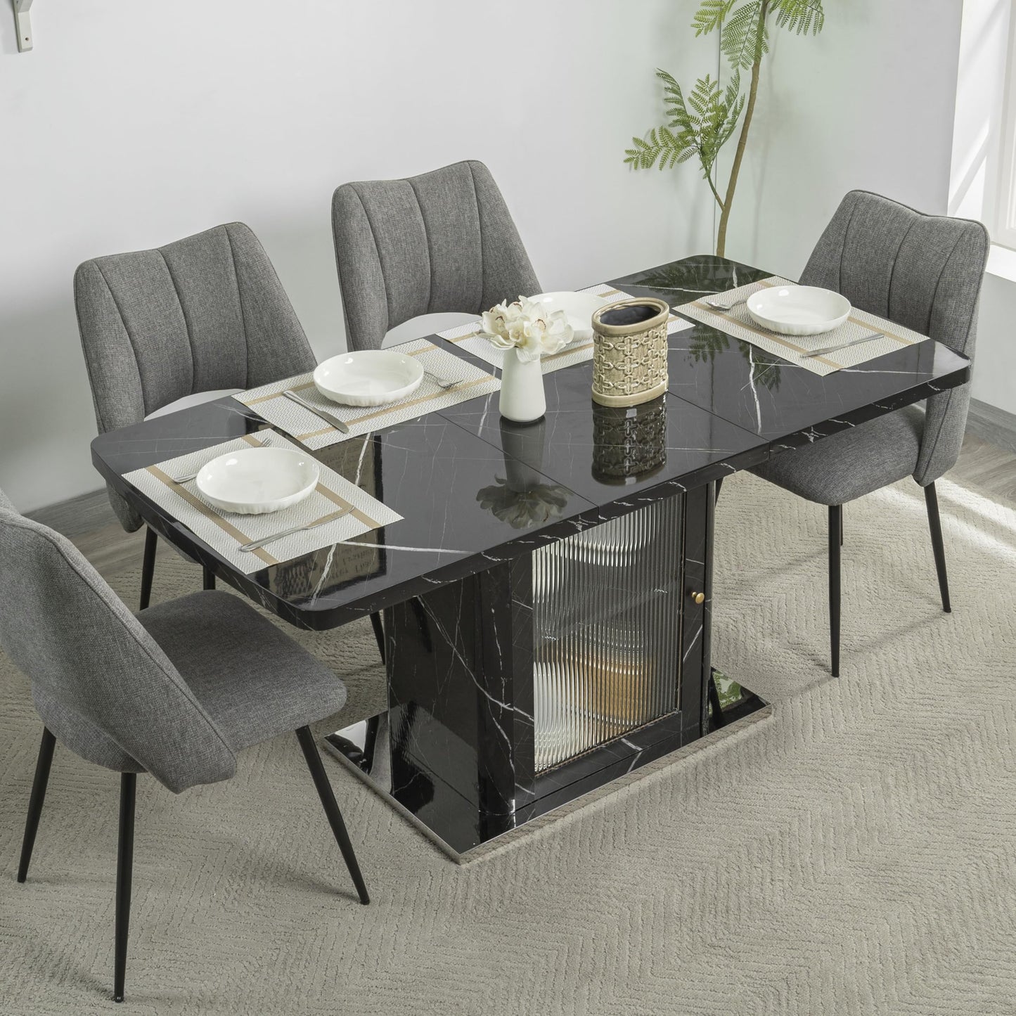 GDFStudio 47.24"-63" Farmhouse Extendable Dining Table for 4-6, Printed Marble Top Rectangle Dining Table with Storage Shelves & Glass Door Cabinet, Space Saving Kitchen and Dining Room Table, Black