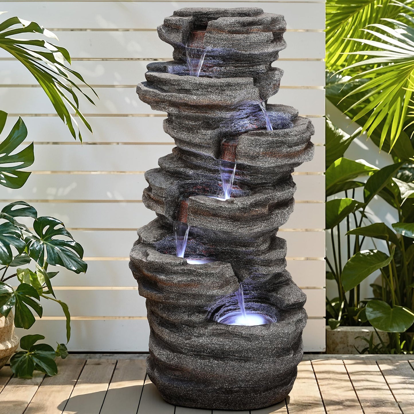 Ultym Extra-Large 6-Tier Outdoor Water Fountain with LED Lights, Cascading Rock Waterfall for Garden Patio Porch, Weather-Resistant Polyresin Water Feature for Tranquil Oasis