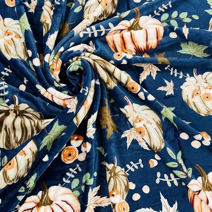 Fall Pumpkin Throw Blanket: Soft Orange White Pumpkins Leaves and Berries on Blue Background for Living Room Couch Bed Chair or Dorm