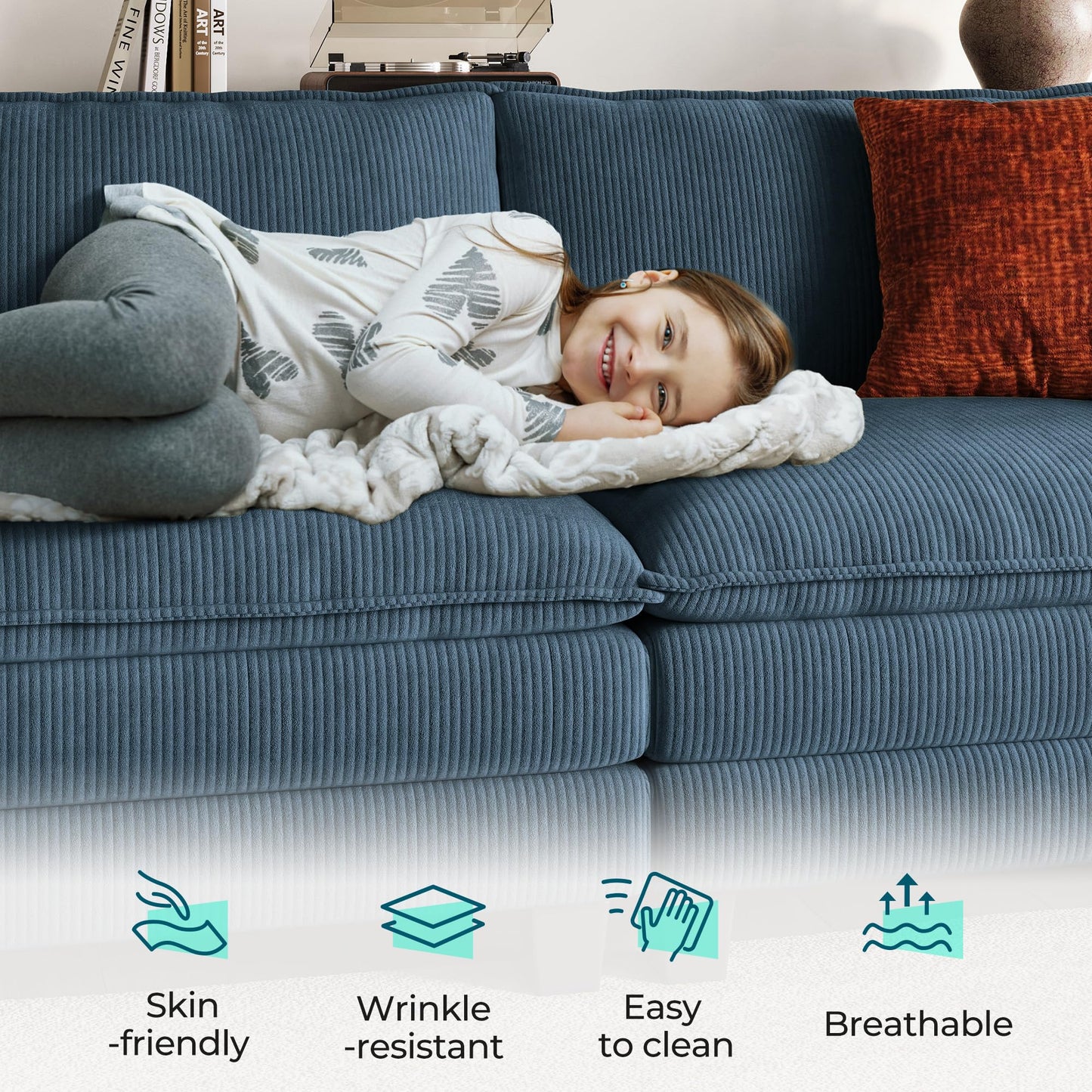 LINSY HOME Cloud Sofa Accent Chair with Ottoman Chaise Lounge Chair Indoor, Corduroy Couch Sofa Chair for Living Room Apartment Bedroom Office, Blue