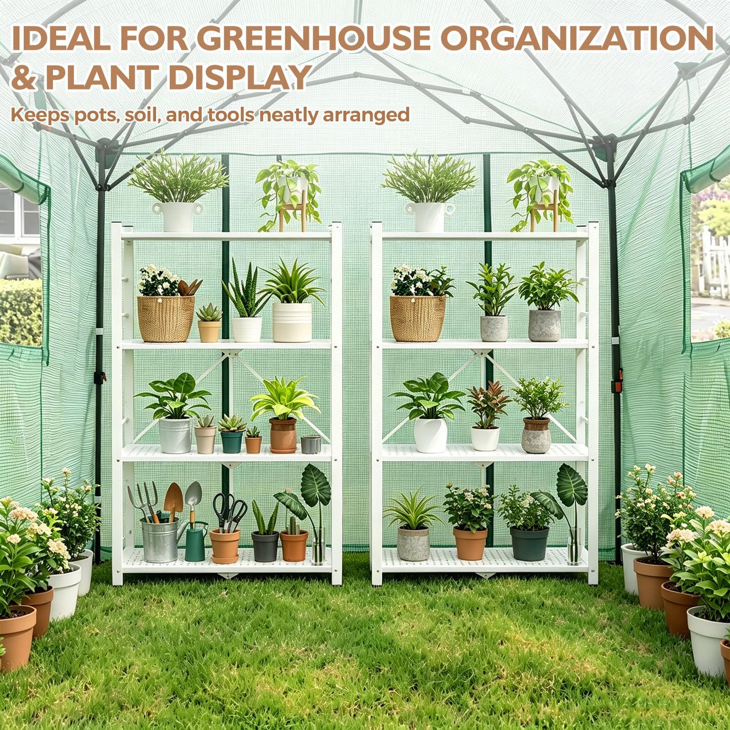 EAGLE PEAK 4-Tier Foldable Greenhouse Shelf, Heavy Duty Metal Storage Rack, No Assembly Steel Shelving Unit, Plant Stand for Greenhouse and Multi-Use Storage, 28”x14.6”x44.7”, 520 lbs, 2 Pack, White