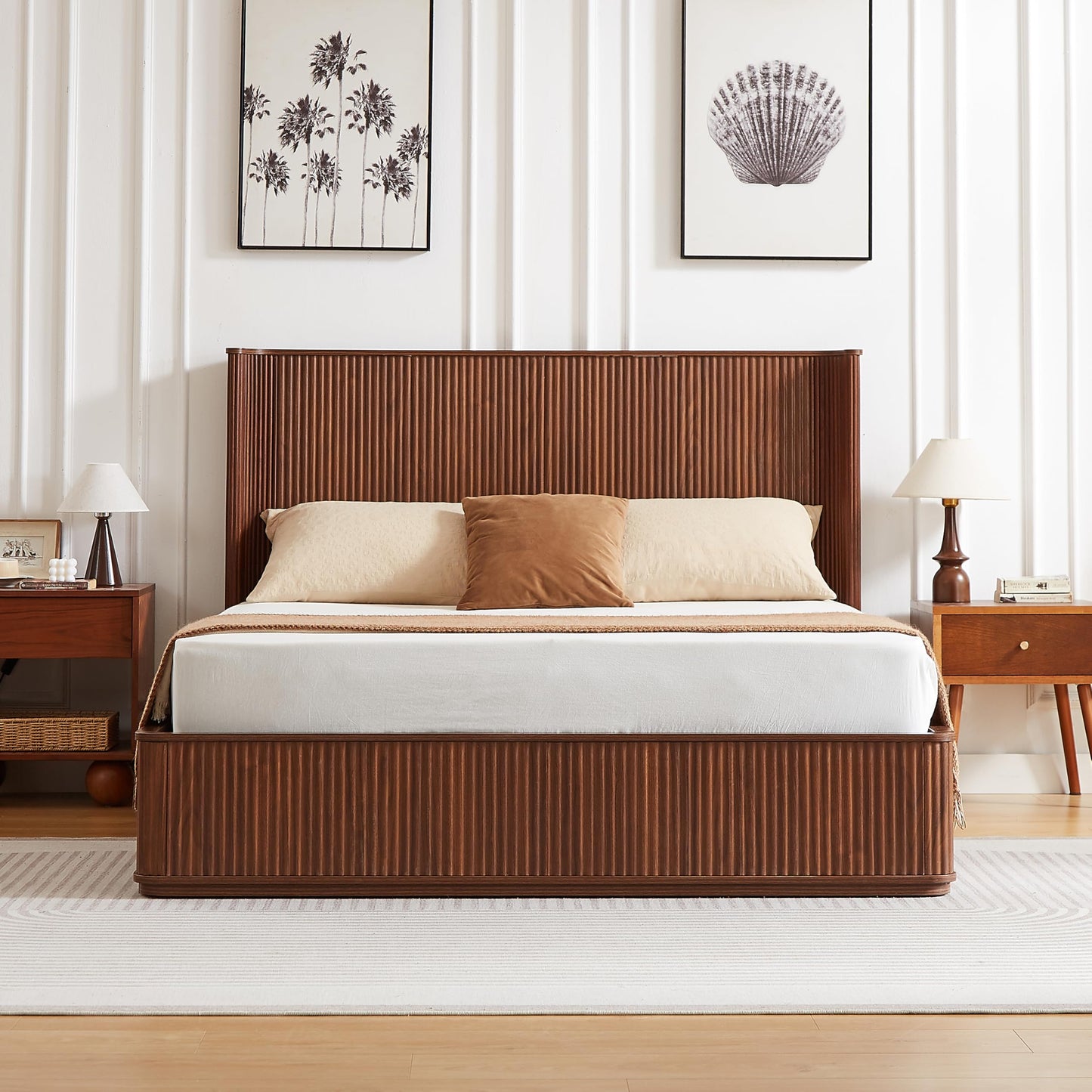 KEIKI Queen Bed Frame with 44" Tall Fluted Headboard, Natural Walnut Platform Bed Frame, Modern Wood Bed Frame with Solid Slats, No Box Spring Needed, Noise-Free, Easy Assembly
