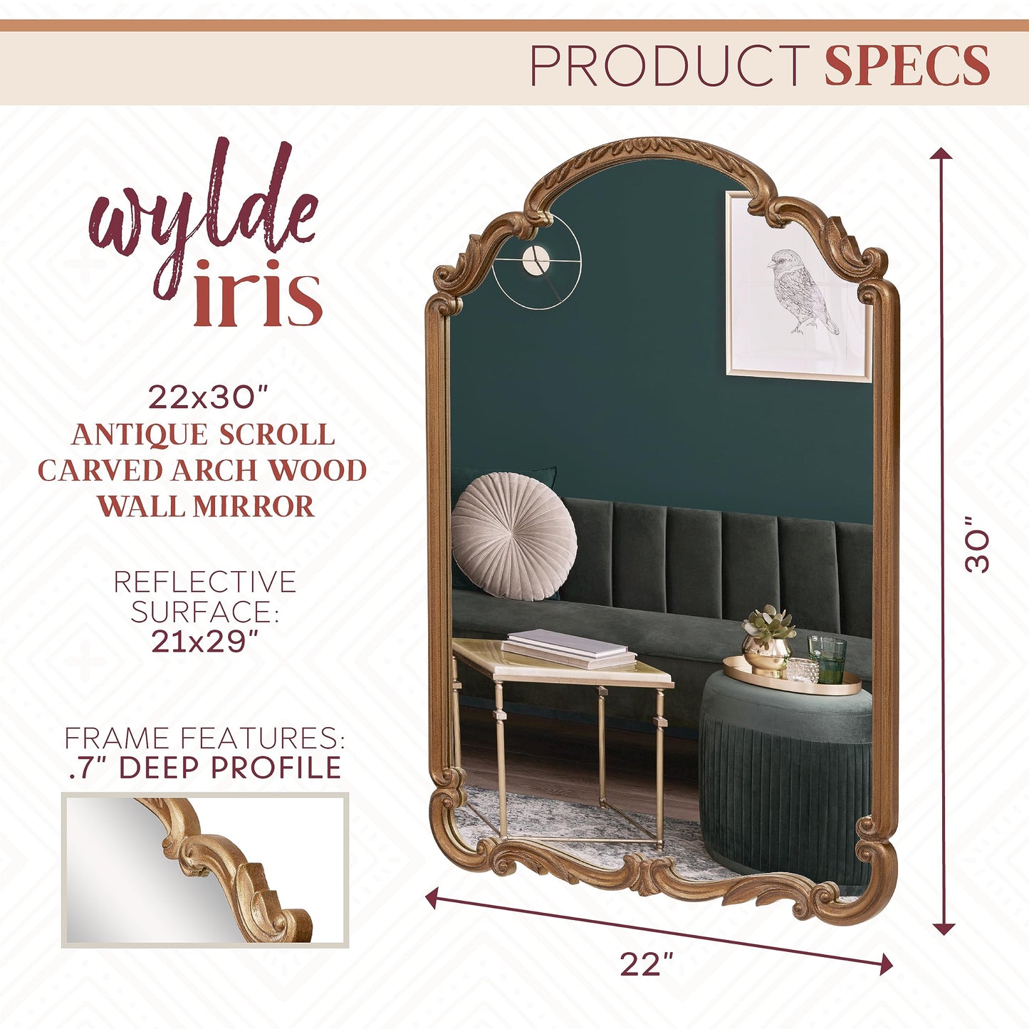 Wylde Iris English Estate Carved Arch Wood Wall Mirror, Mirror for Entryway, Living Room, Bathroom, Antique Gold, 22x30