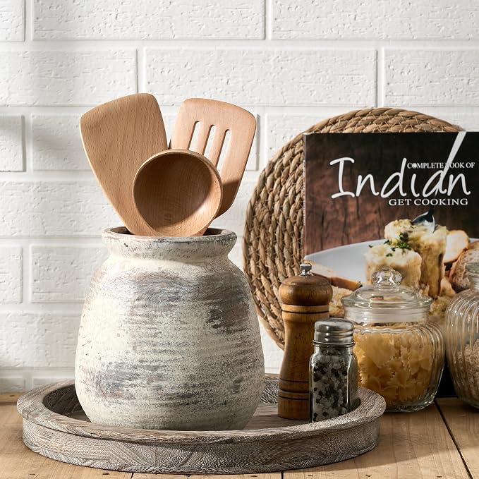 SIDUCAL Ceramic Rustic Vase, Whitewashed Terra Cotta Vase, Distressed Farmhouse Décor, Pottery Decorative Flower for Home Decor, Table, Living Room Decor, Shelf, Mantel, 7.3 Inch, Fired Terra Clay