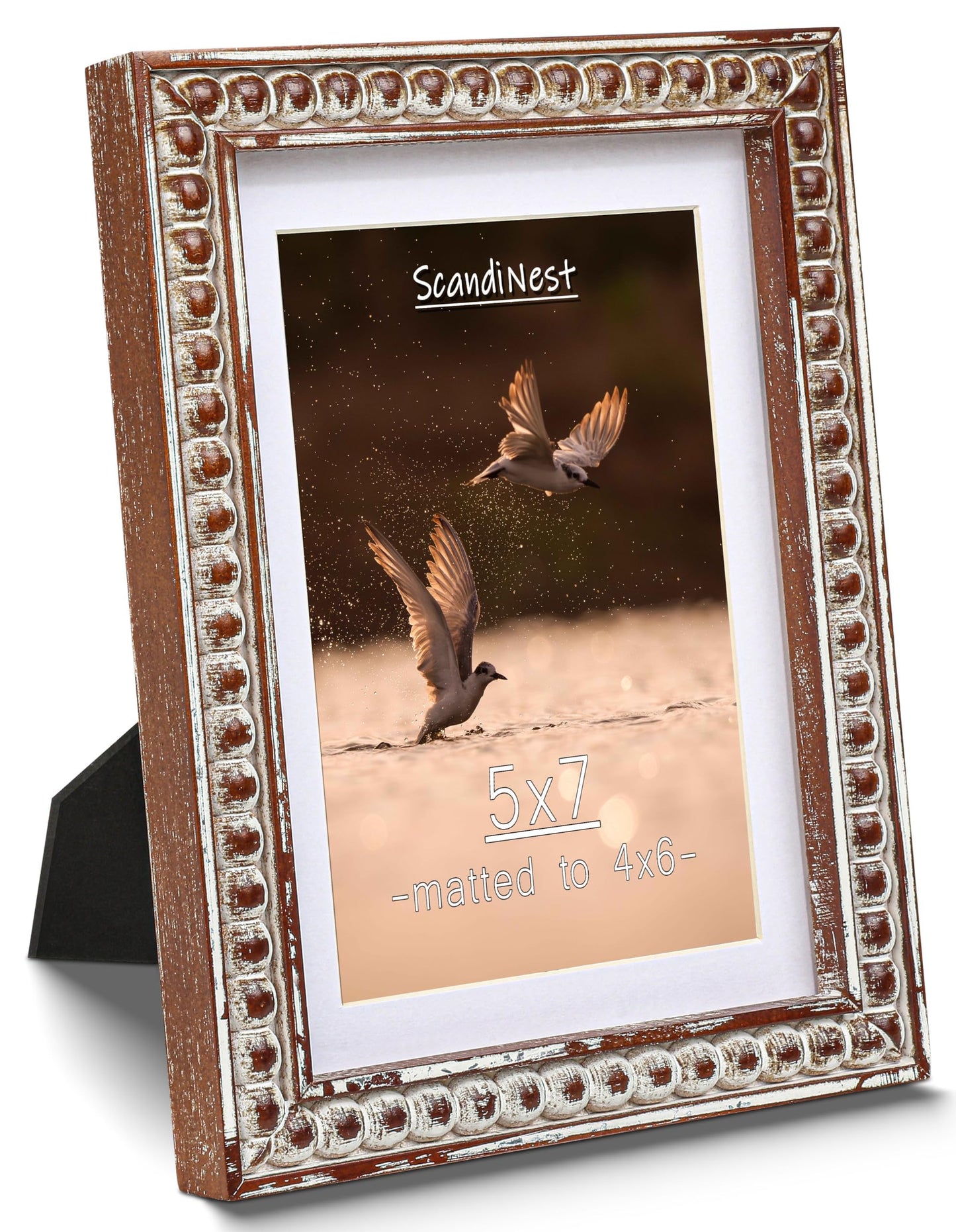 ScandiNest 5x7 Rustic Picture Frame, Decorative Distressed Beaded Detailing, Natural Pine Wood with Real Glass, Matted to 4x6 Photo, Gallery Wall and Tabletop Display, Brown